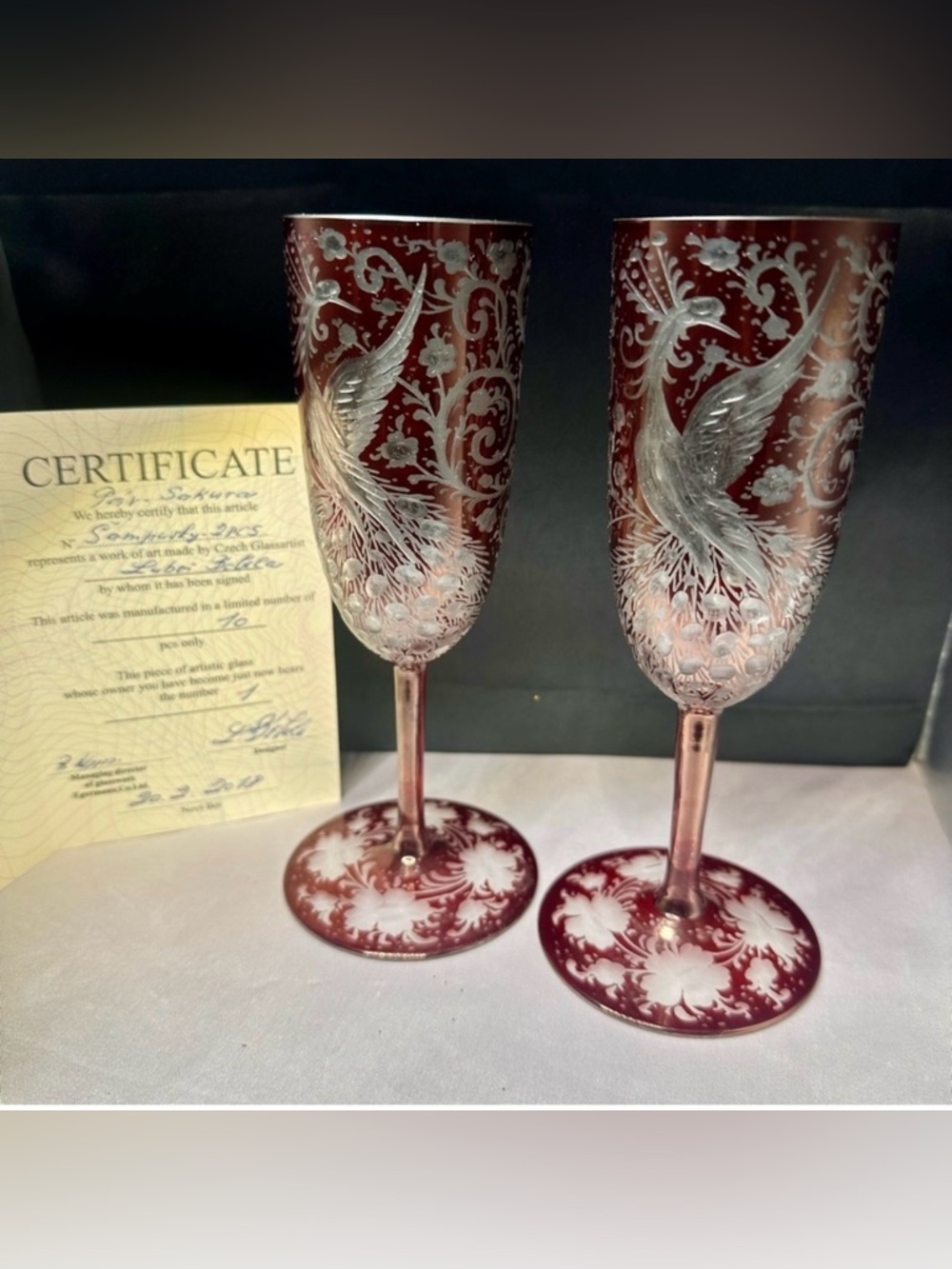 Egermann Czech Ruby Cut Crystal Champagne Flutes 1 of 10 Signed COA 2018